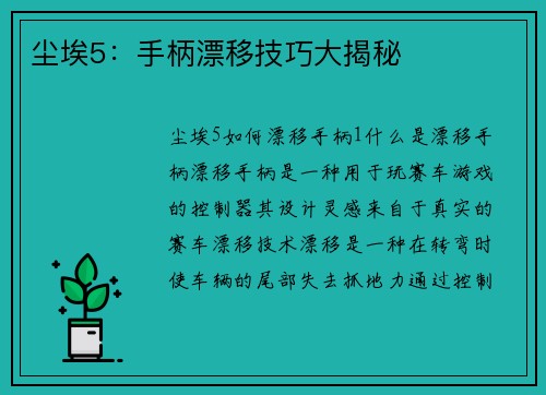 尘埃5：手柄漂移技巧大揭秘